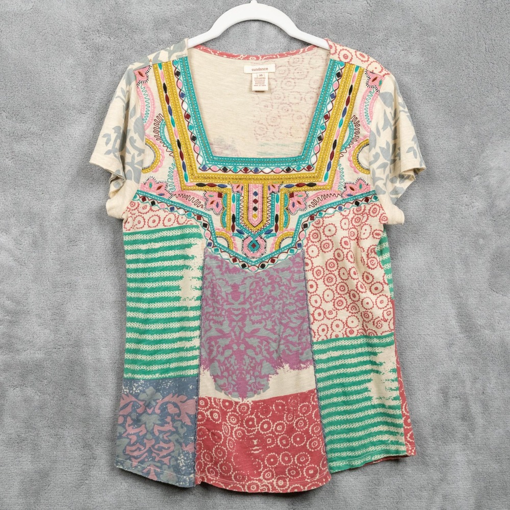 SUNDANCE Patchwork Embroidered Beaded Boho Square Neck Knit Top Multi-Color XS